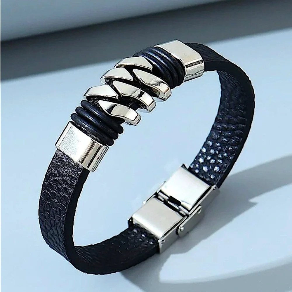 BLACK STAINLESS STEEL LEATHER BRACELET SILVER AND GOLD